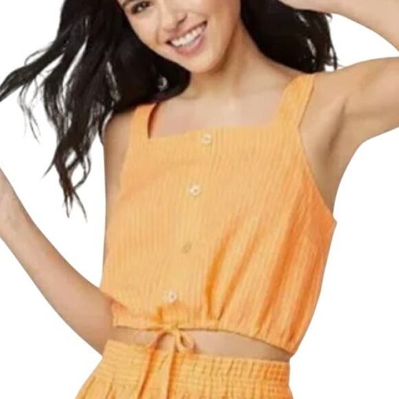 a new day MEDIUM Striped Button Detail Linen Blend Front Tie Crop Top Tank - Picture 4 of 12